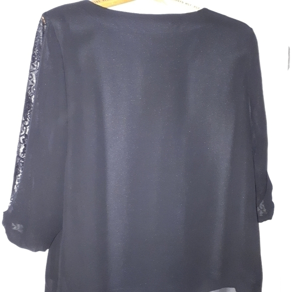 Cleo Petites Lace Trim Puff Sleeve Chiffon Tunic Blouse Black Women's Large - Picture 3 of 5